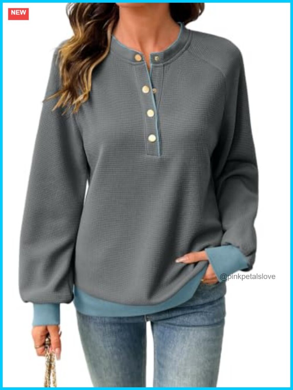 Waffle Knit Color Block Henley Sweatshirt Women Long Sleeve Pullover